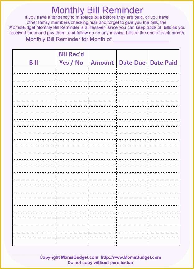 Free Monthly Bill Planner Template Of Monthly Bill Reminder Free Printable Worksheet From