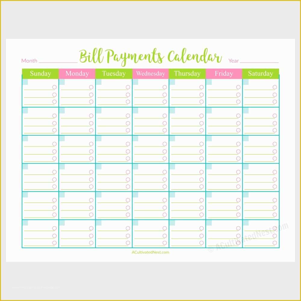 Free Monthly Bill Planner Template Of Printable Bill Payments Calendar A Cultivated Nest
