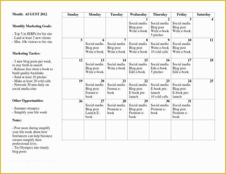 Free Monthly Marketing Report Template Of Free Monthly Marketing Calendar for Freelance Writers