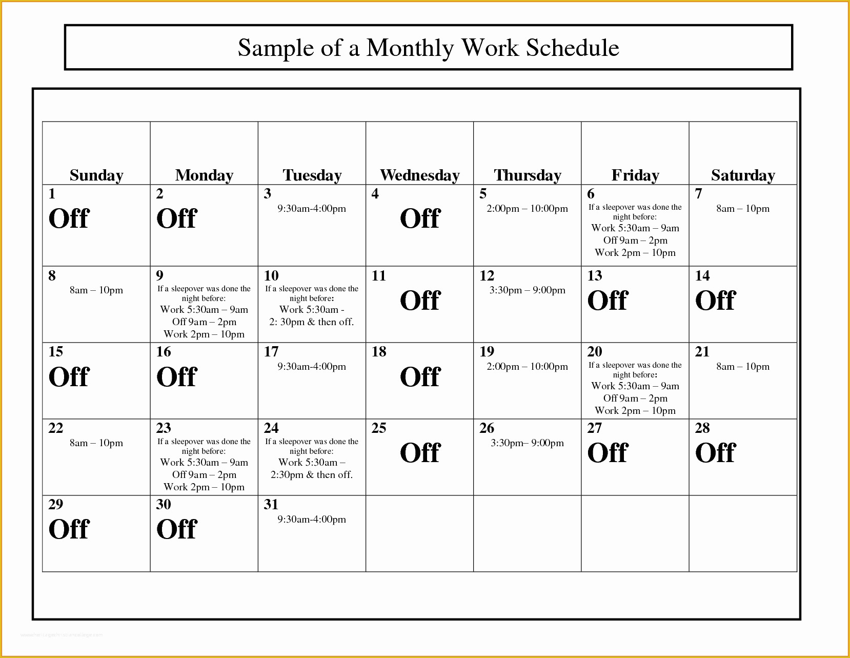 Free Monthly Work Schedule Template Of Monthly Work Schedule Template
