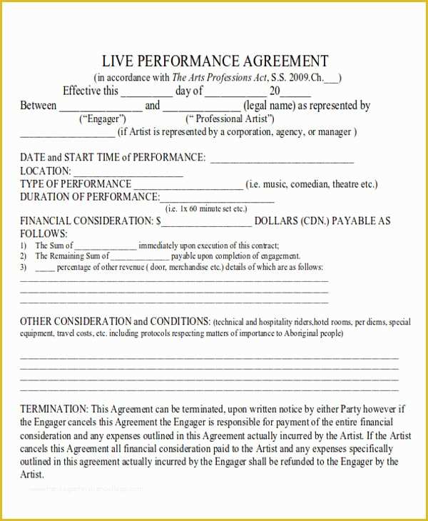 Free Music Performance Contract Templates Of Performance Agreement Contract Sample 10 Examples In