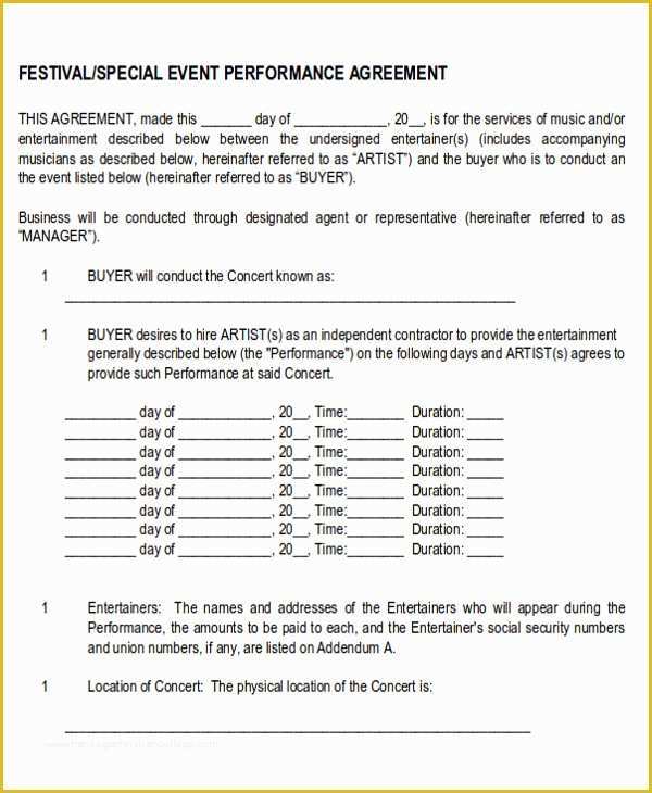 Free Music Performance Contract Templates Of Performance Agreement Contract Sample 10 Examples In