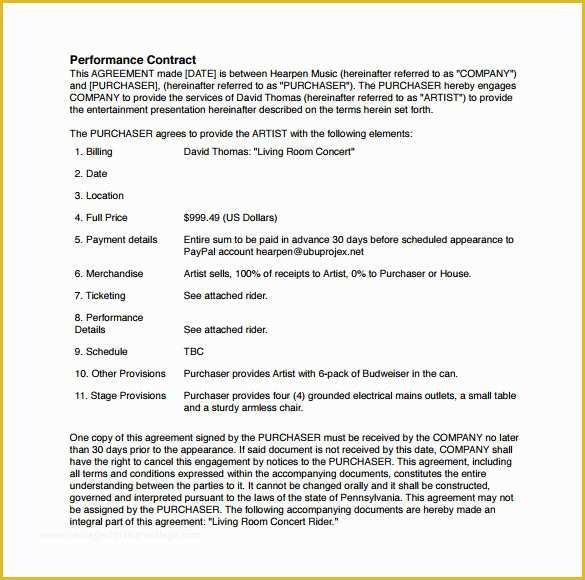 Free Music Performance Contract Templates Of Performance Contract Template 14 Download Free