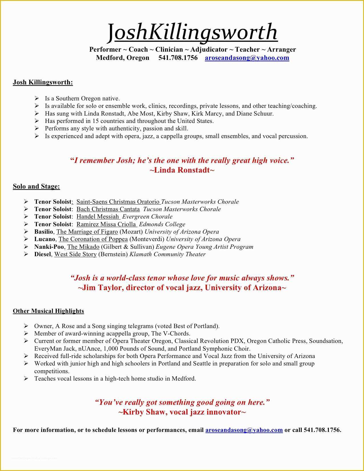 Free Musician Resume Template Of Music Resume