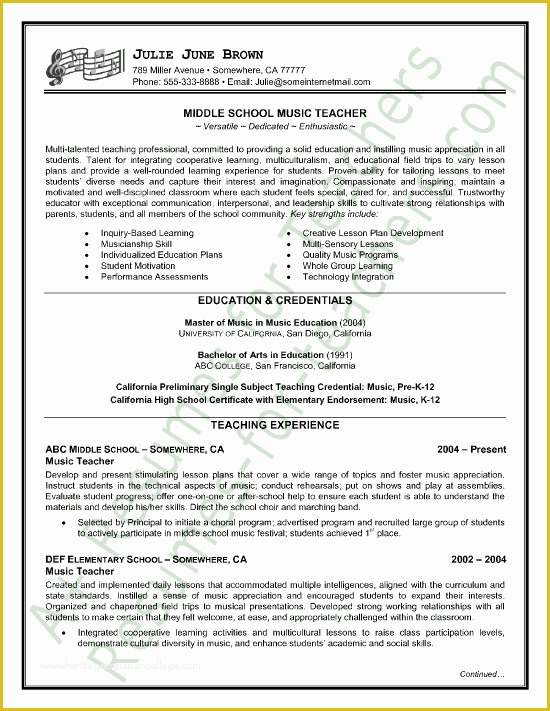 Free Musician Resume Template Of Music Teacher Resume Sample