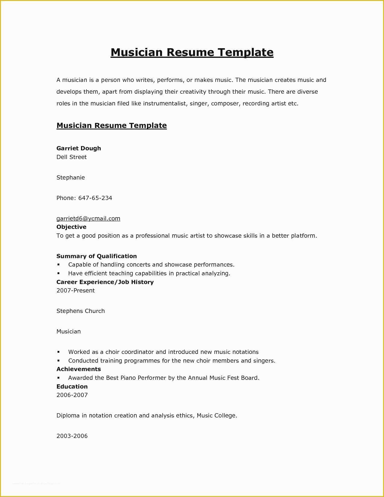 Free Musician Resume Template Of Musician Resume Template Free Cialisnetsfo