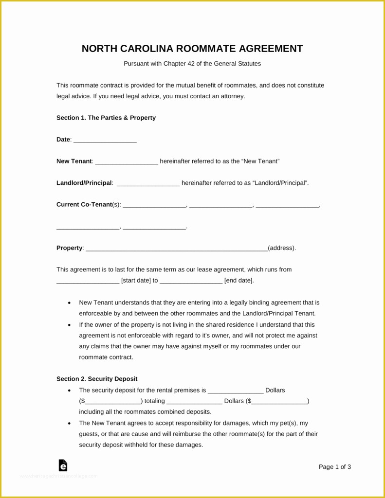 Free Nc Will Template Of Free north Carolina Roommate Agreement form Pdf