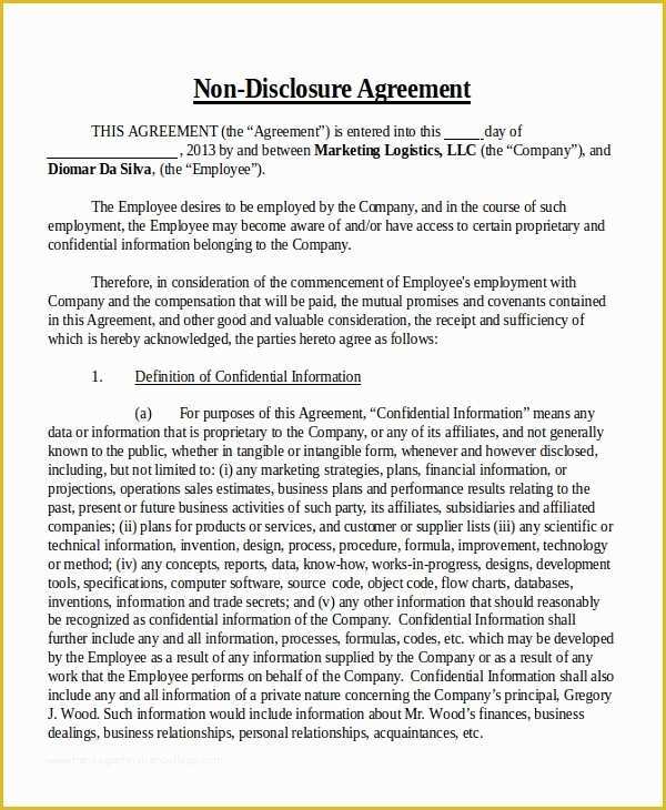 Free Nda Agreement Template Of 21 Non Disclosure Agreement Templates Free Sample