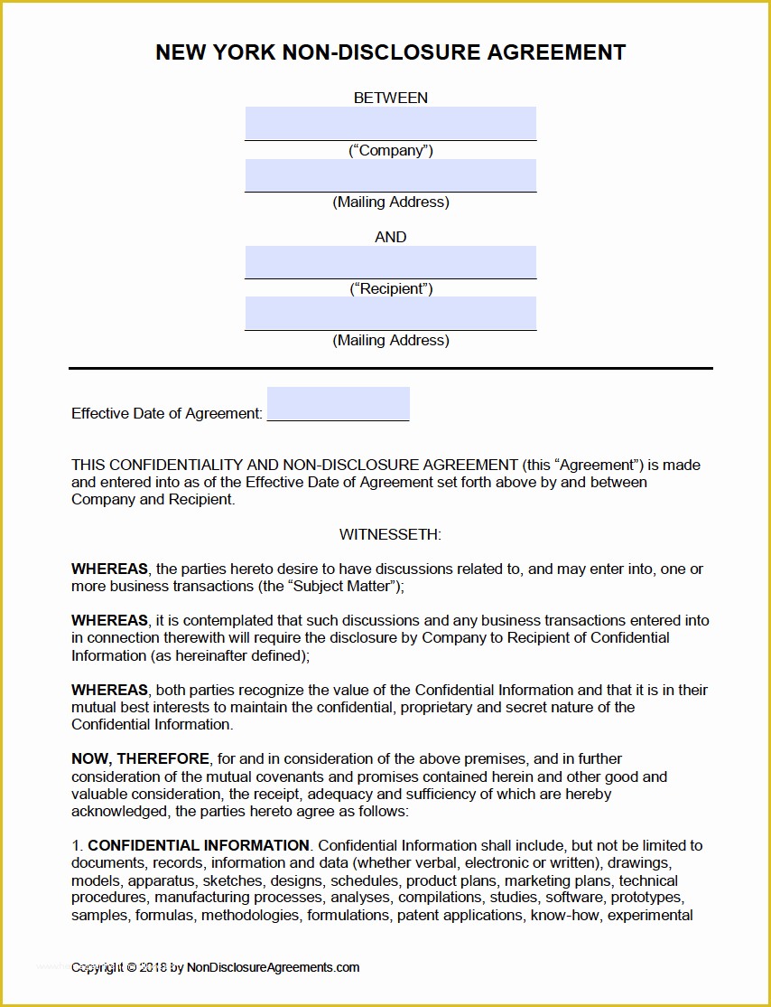 Free Nda Agreement Template Of Free New York Non Disclosure Agreement Nda Template