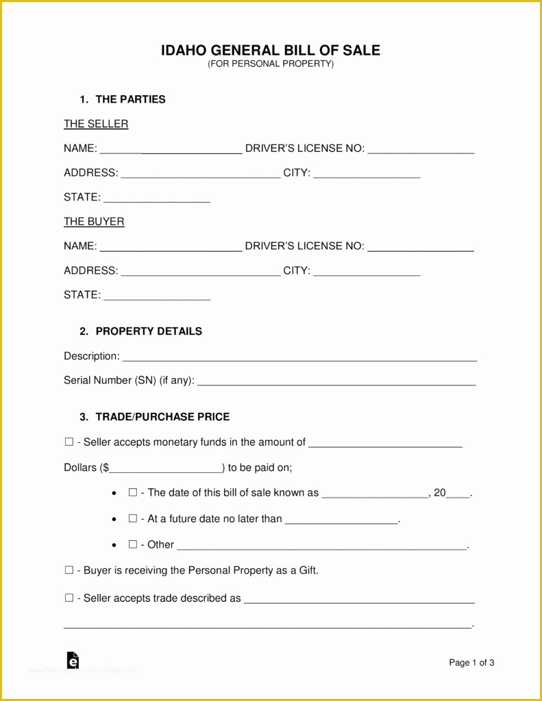 Free Nevada Will Template Of Free Idaho General Bill Of Sale form Word Pdf