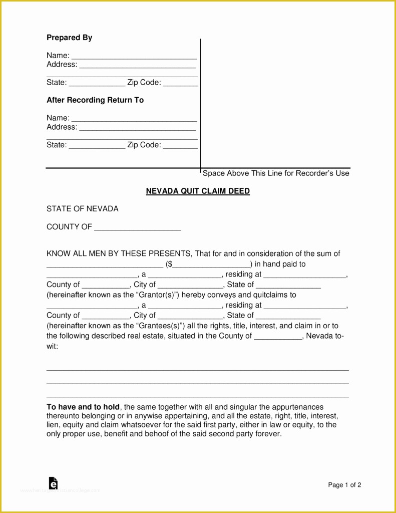 Free Nevada Will Template Of Free Nevada Quit Claim Deed form Word Pdf