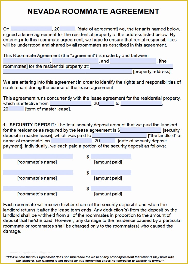 Free Nevada Will Template Of Free Nevada Roommate Agreement Template – Pdf – Word