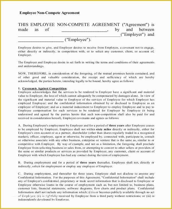 Free Non Compete Agreement Template Of 11 Employee Non Pete Agreement Templates Free Sample