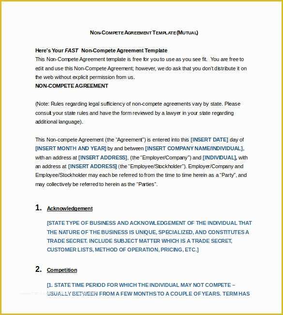 Free Non Compete Agreement Template Of 8 Non Pete Agreement Templates Doc Pdf