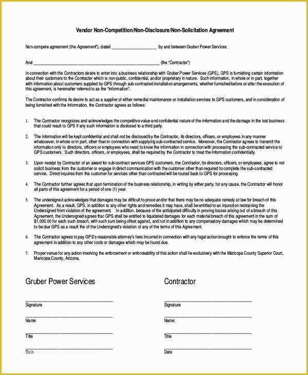 Free Non Compete Agreement Template Of 9 Contractor Non Pete Agreement Templates Free