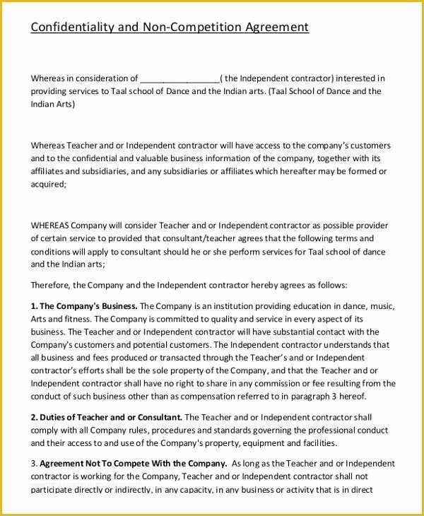 Free Non Compete Agreement Template Of Contractor Non Pete Agreement – 9 Free Word Pdf