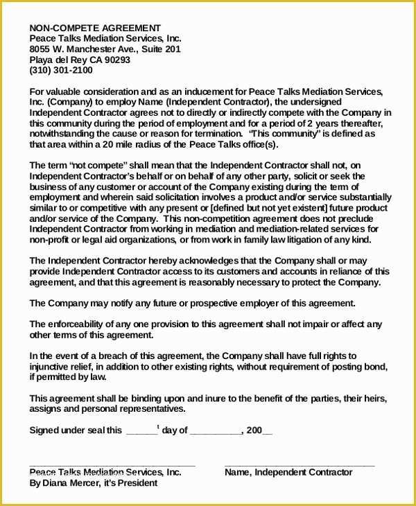 Free Non Compete Agreement Template Of Employee Non Pete Agreement – 10 Free Word Pdf