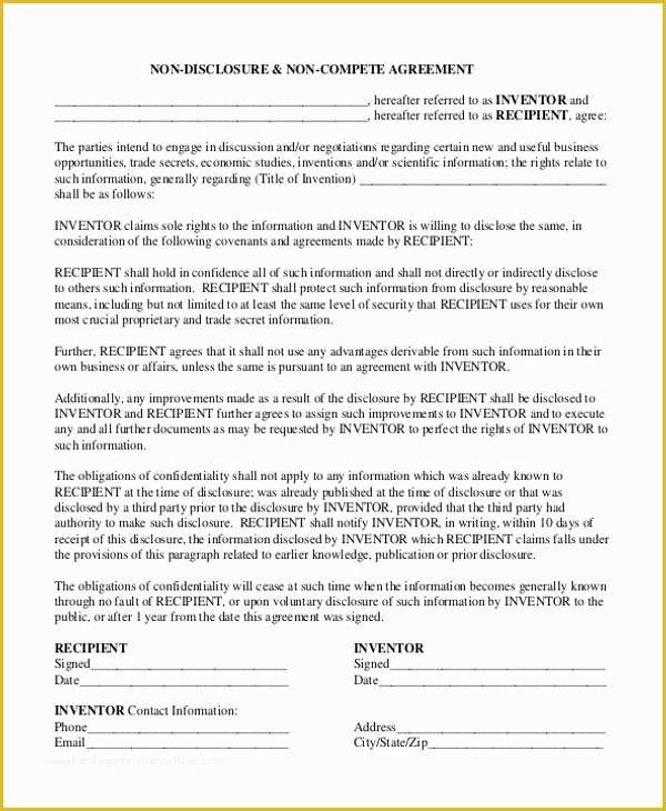 Free Non Compete Agreement Template Of Non Disclosure Agreement Sample form 10 Sample Example