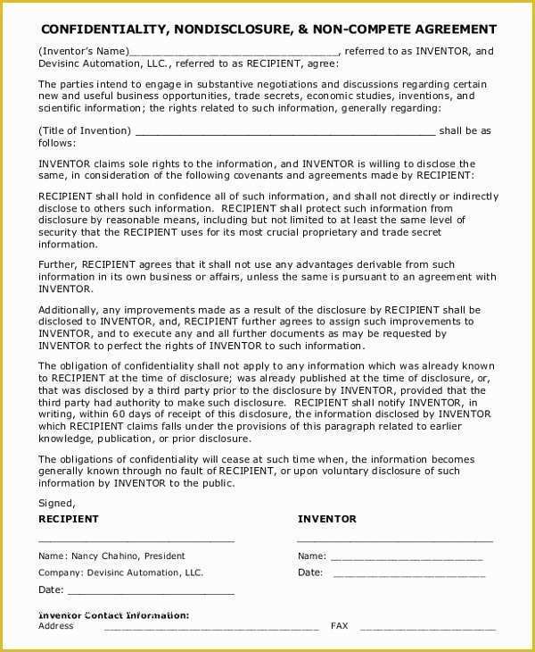 Free Non Compete Agreement Template Of Non Disclosure Non Pete Agreement – 10 Free Word Pdf