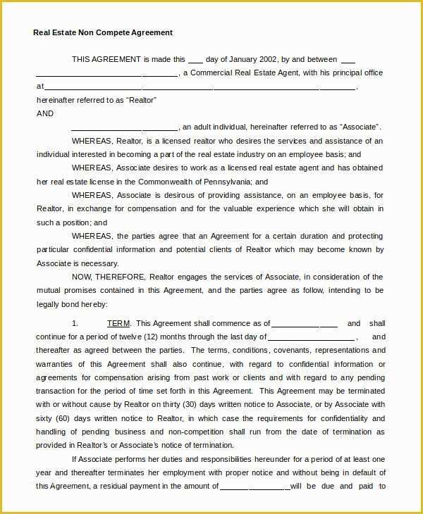 Free Non Compete Agreement Template Of Non Pete Agreement Template 9 Free Sample Example