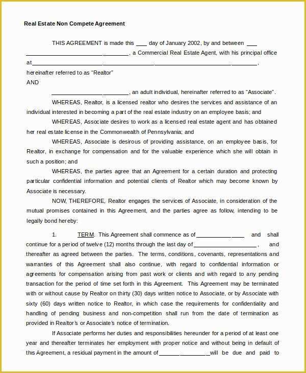 Free Non Compete Agreement Template Of Non Pete Agreement Template 9 Free Sample Example