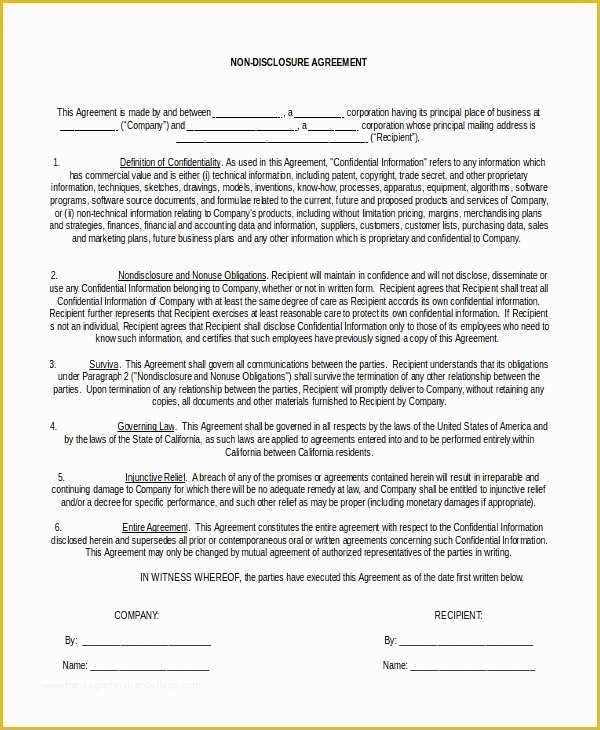 Free Non Disclosure Agreement Template California Of Free Non Disclosure Agreement form – 10 Free Word Pdf