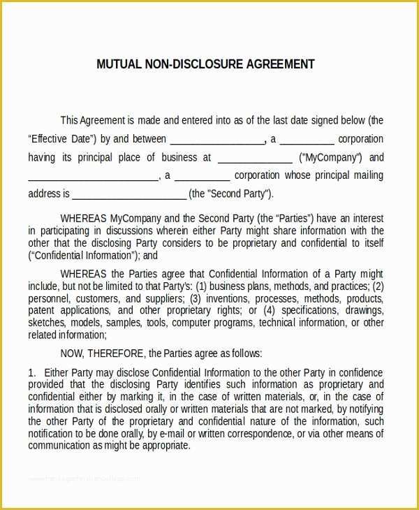 Free Non Disclosure Agreement Template Of 21 Non Disclosure Agreement Templates Free Sample