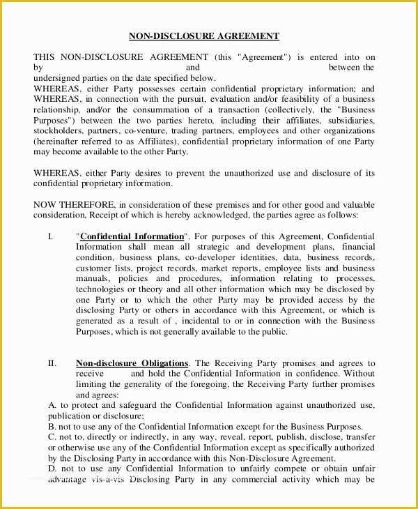 Free Non Disclosure Agreement Template Of Non Disclosure Agreement Template – 9 Free Word Pdf