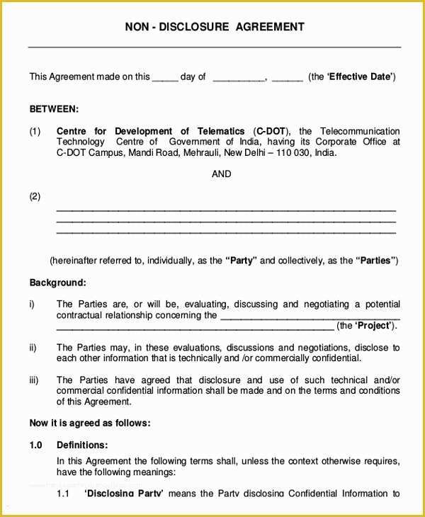 Free Non Disclosure Agreement Template Of Non Disclosure Agreement Template – 9 Free Word Pdf