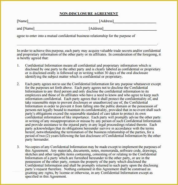Free Non Disclosure Agreement Template Pdf Of 8 Sample Non Disclosure Agreements