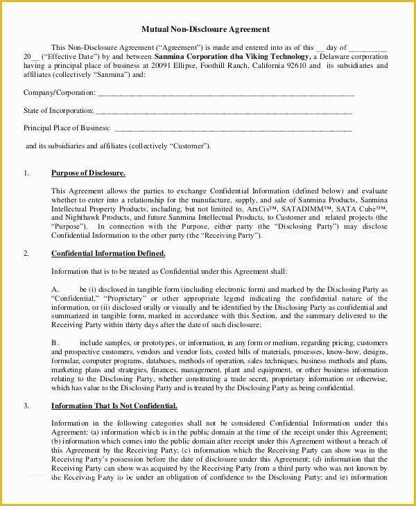 Free Non Disclosure Agreement Template Pdf Of Mutual Non Disclosure Agreement form – 10 Free Word Pdf