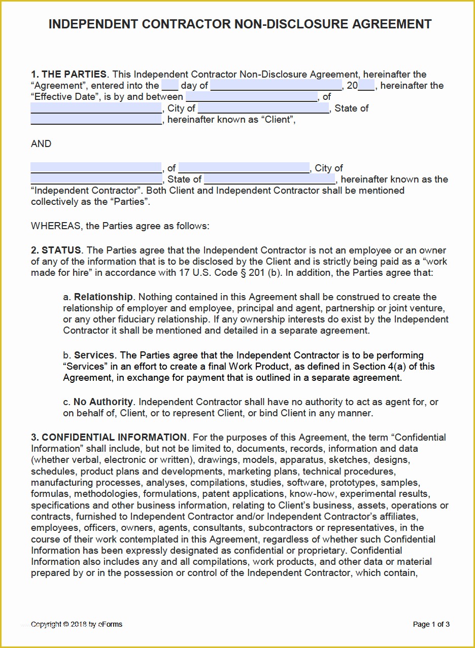 Free Non Disclosure Agreement Template Word Of Free Independent Contractor Non Disclosure Agreement Nda