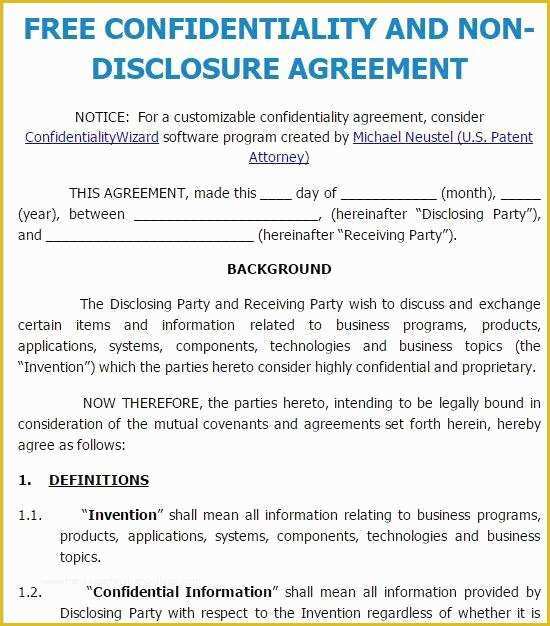 Free Non Disclosure Agreement Template Word Of Free Non Disclosure Agreement Template Word