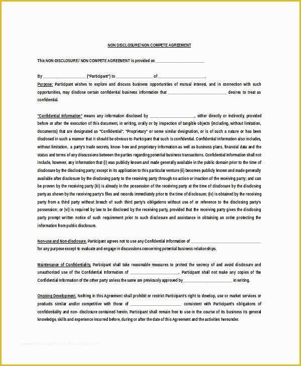 Free Non Disclosure Non Compete Agreement Template Of 11 Business Non Pete Agreement Templates Free Sample