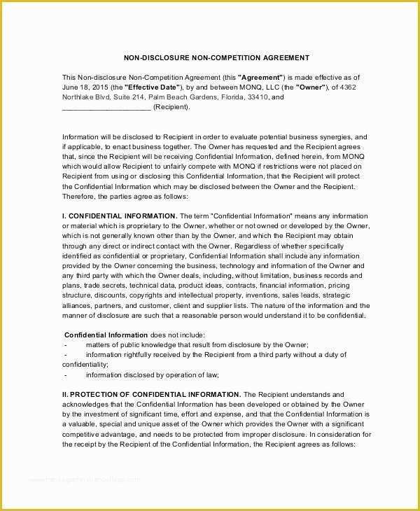 Free Non Disclosure Non Compete Agreement Template Of 13 Non Pete Agreements Free Word Pdf format