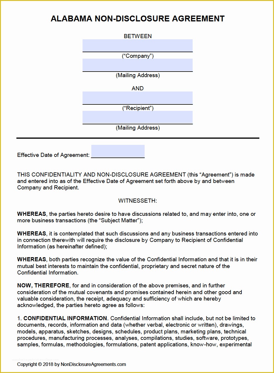 Free Non Disclosure Non Compete Agreement Template Of Free Alabama Non Disclosure Agreement Nda Template