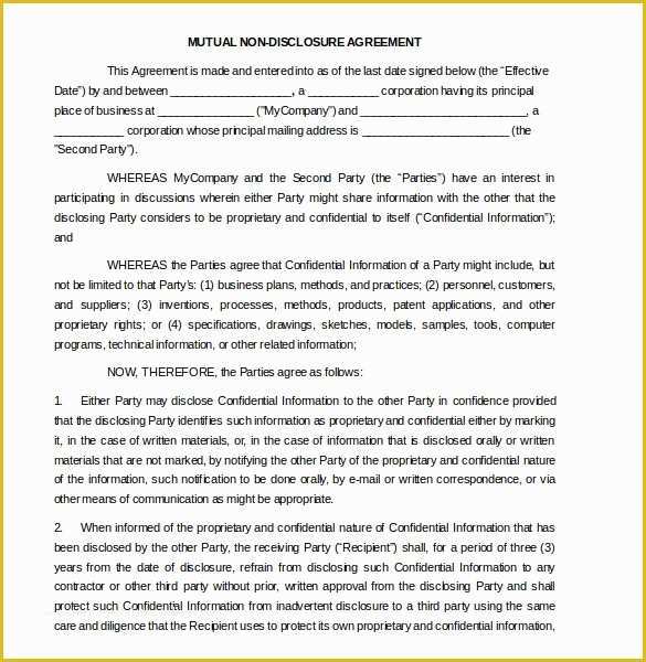 Free Non Disclosure Template Of 19 Word Non Disclosure Agreement Templates Free Download