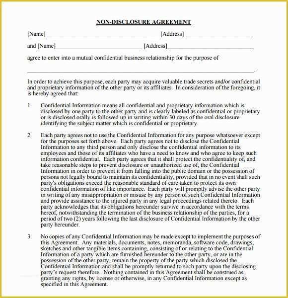Free Non Disclosure Template Of 8 Sample Non Disclosure Agreements