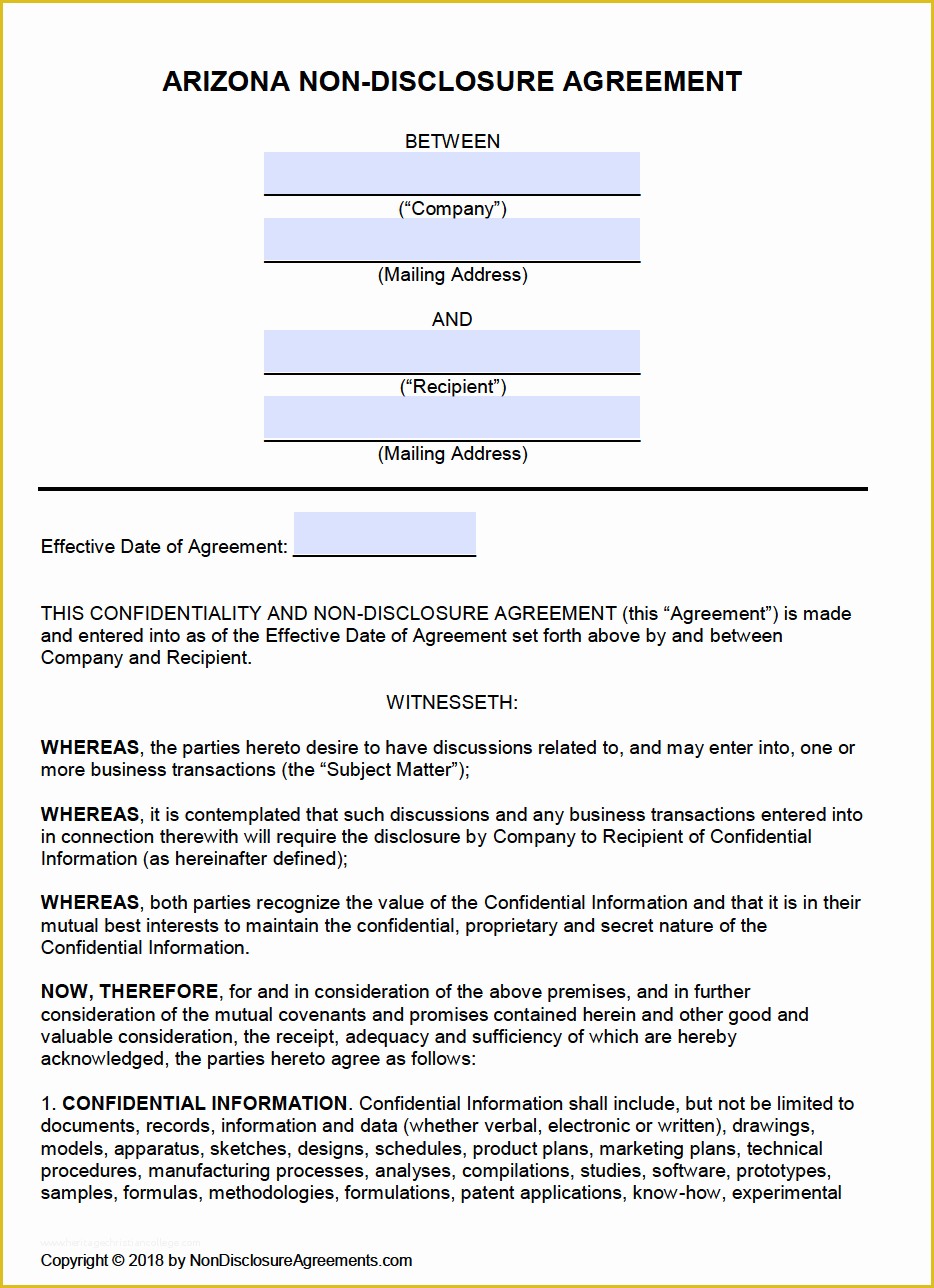 Free Non Disclosure Template Of Free Arizona Non Disclosure Agreement Nda Template