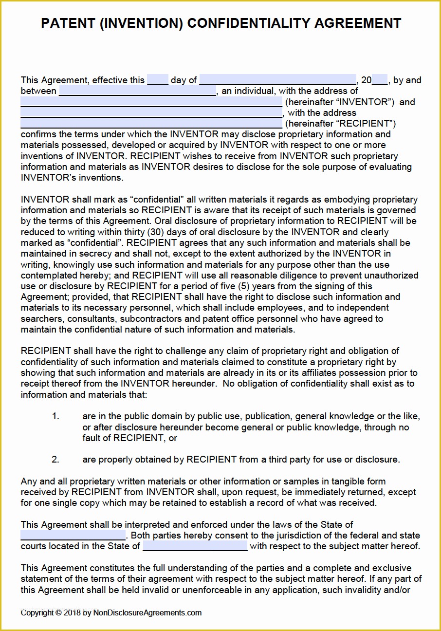 Free Non Disclosure Template Of Free Patent Invention Non Disclosure Agreement Nda