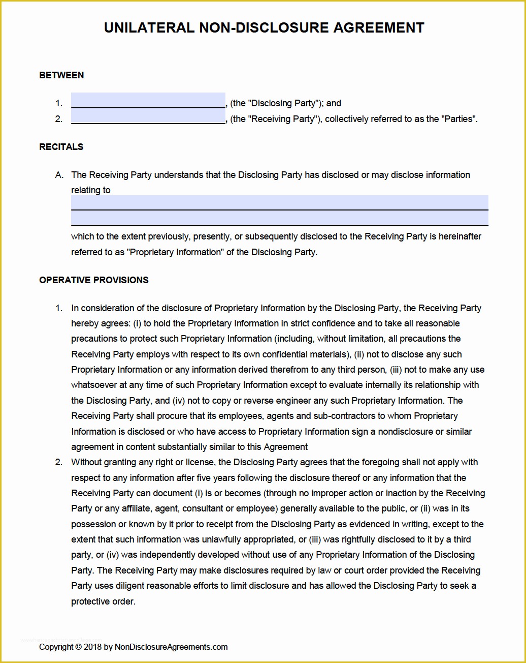 Free Non Disclosure Template Of Free Unilateral Non Disclosure Agreement Nda Template