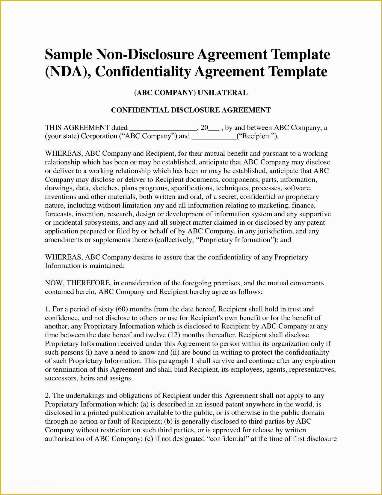 Free Non Disclosure Template Of Non Disclosure Agreement Template