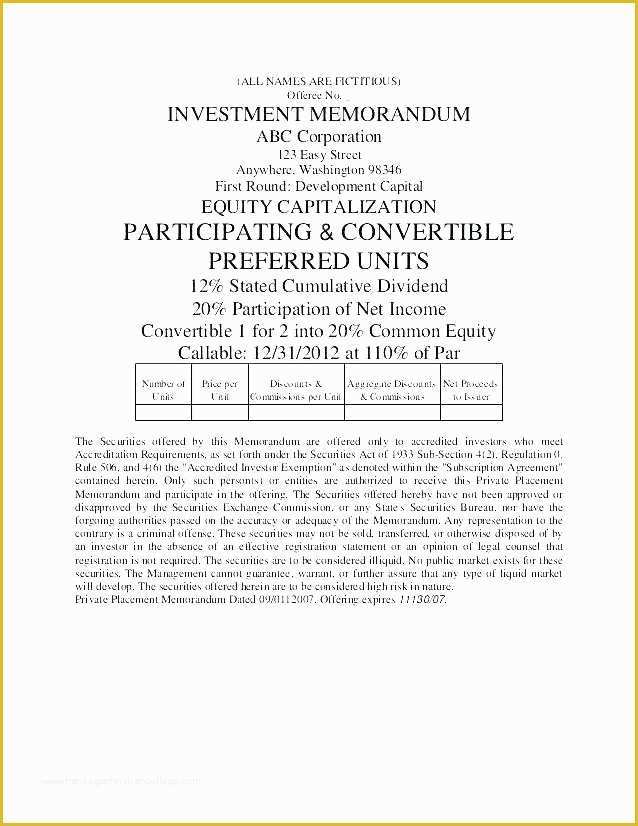 Free Offering Memorandum Template Of Investment Memorandum Template Private Placement