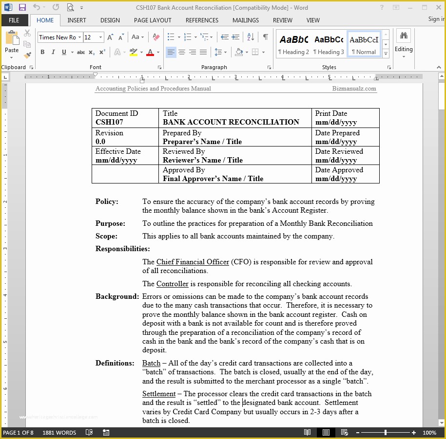 Free Office Procedures Manual Template Of Bank Reconciliation Accounting Word Templates