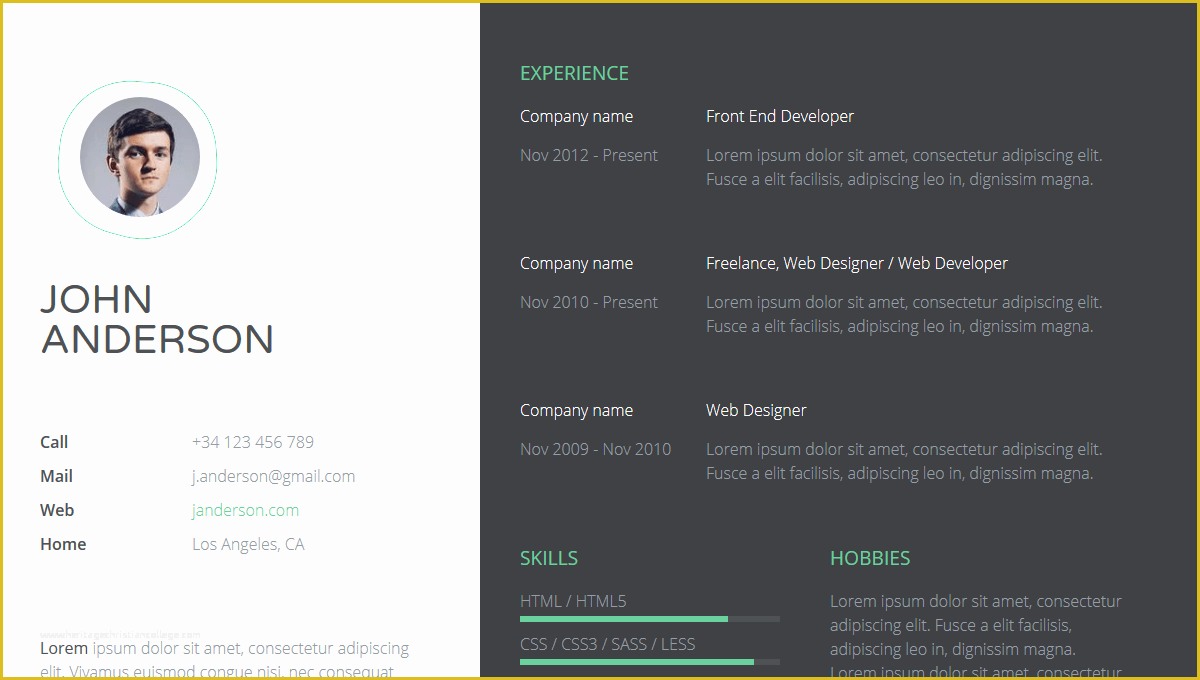 Free One Page Responsive HTML Resume Template Of 14 HTML Resume Templates