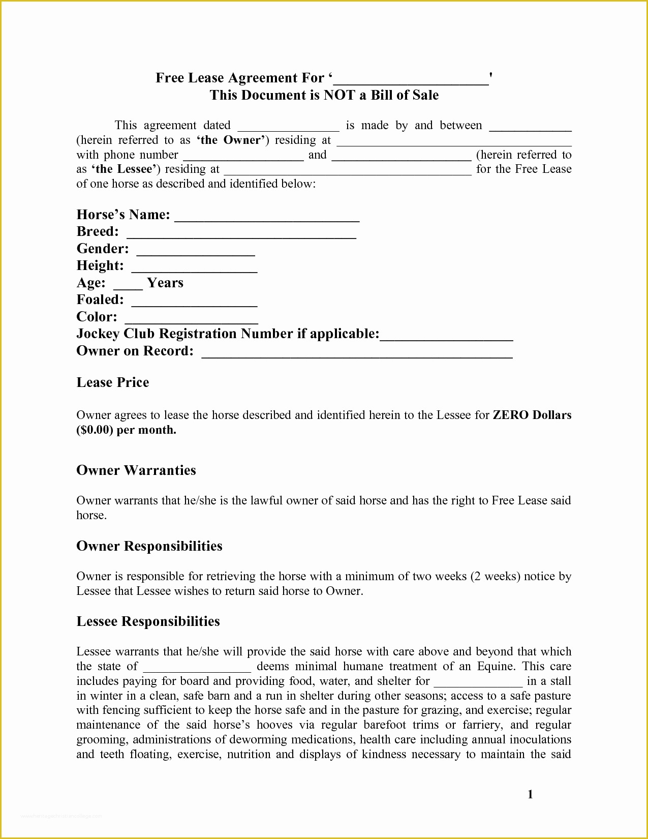 Free Online Lease Template Of Horse Template Printable