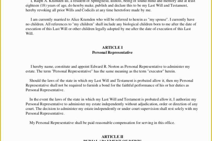 Free Online Will Template Of Sample Last Will and Testament