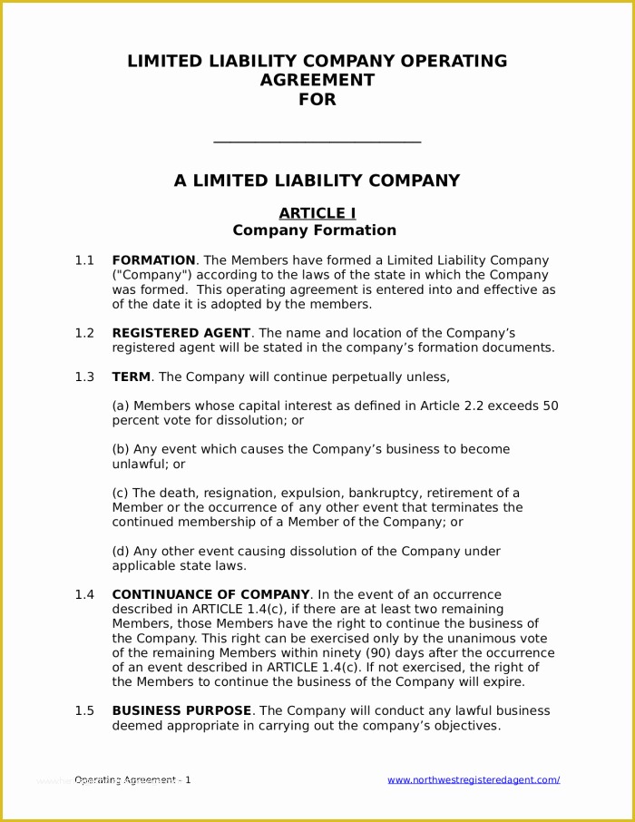 Free Operating Agreement Template Of Free Llc Operating Agreement for A Limited Liability Pany