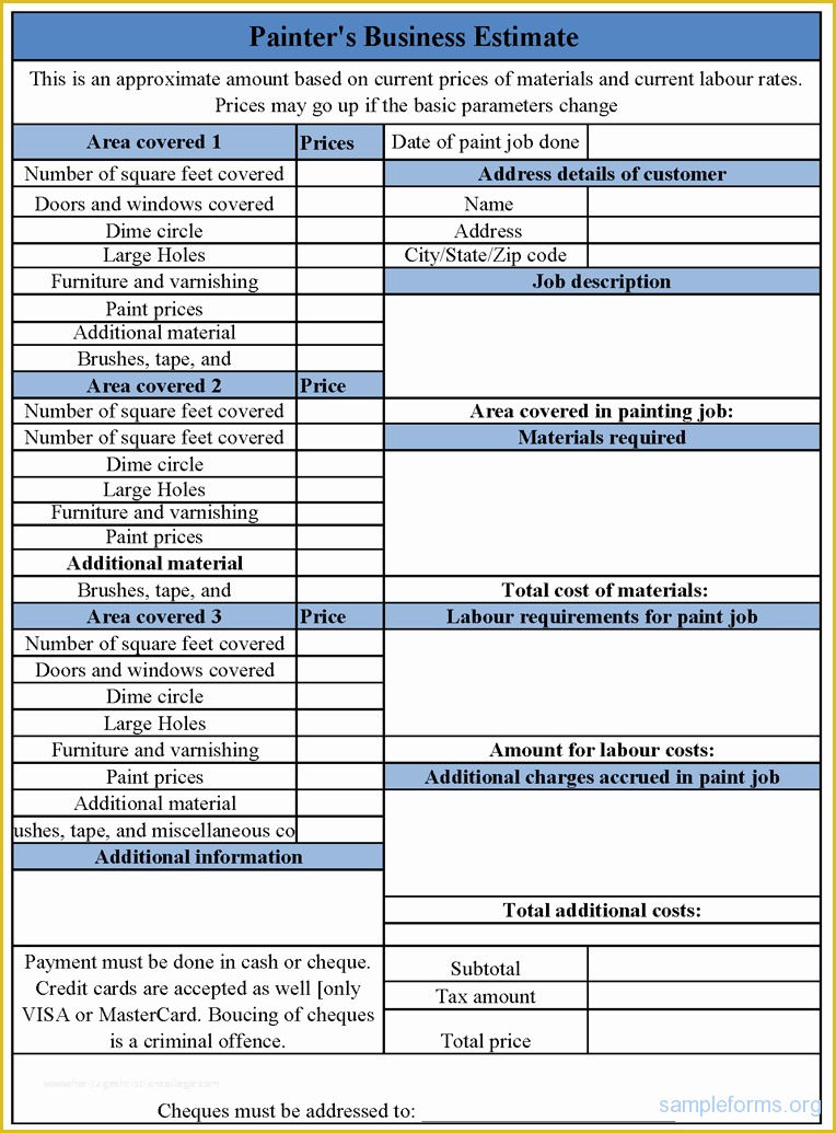 Free Painting Estimate Template Of Painter’s Business Estimate form Sample forms