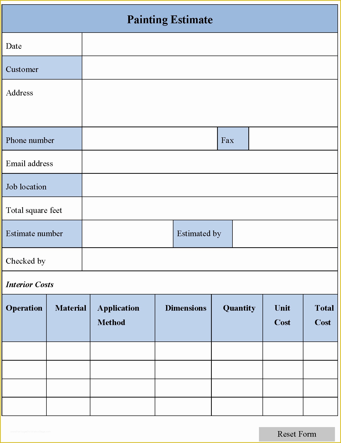 Free Painting Estimate Template Of Painting Estimate form